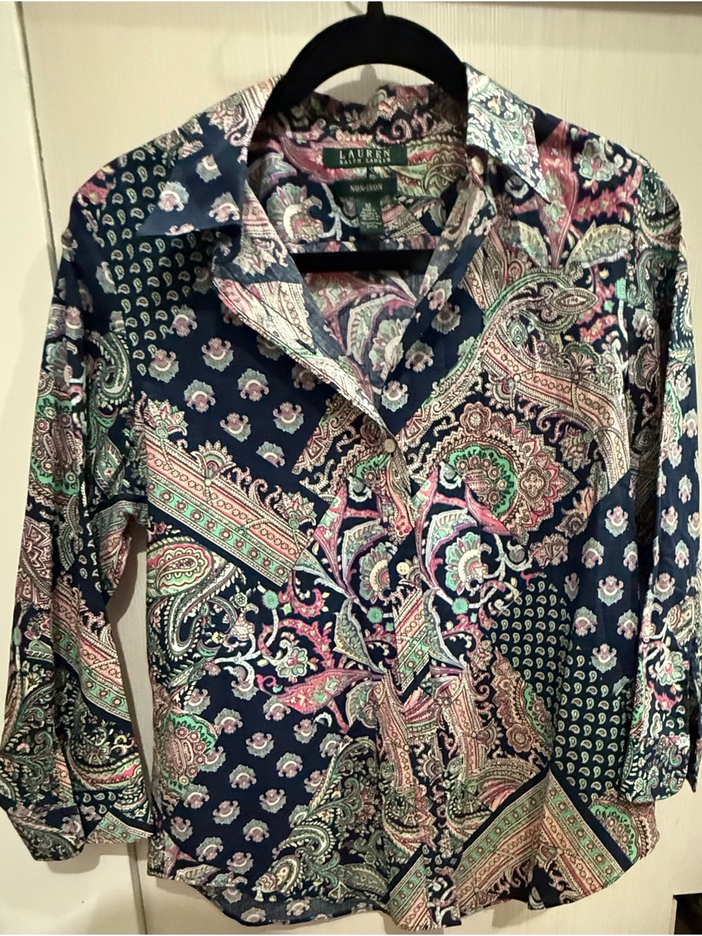 Lauren Ralph Lauren Navy Paisley Shirt with Pink and Green Accents No Iron